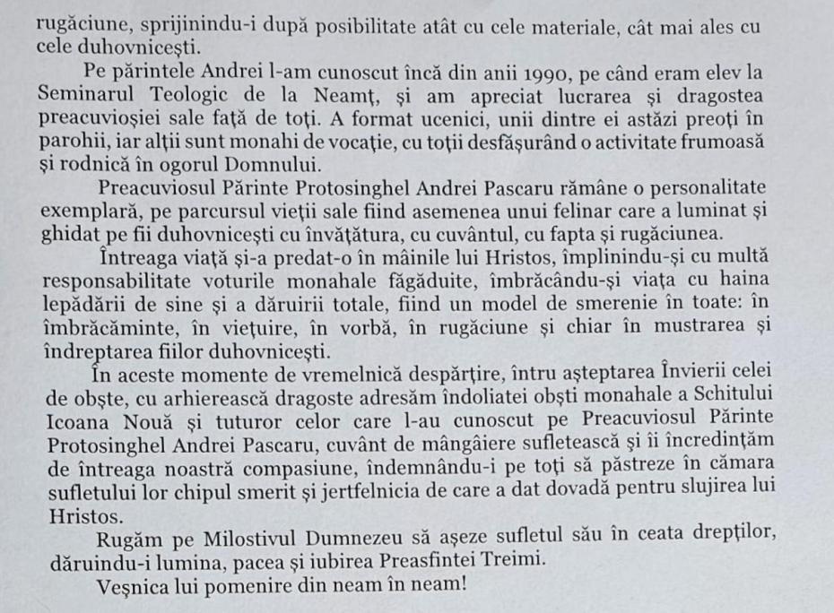 Mesajul de condoleanțe transmis de PS Veniamin al Basarabiei de Sud, cu ocazia înmormântării protos. Andrei Pascaru